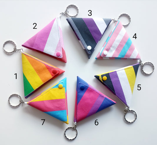 7 τριγωνικά πορτοφολάκια με αλυσίδες μπρελόκ και κουμπώματα σε διάφορα χρώματα. Το καθένα αποτελείται από ρίγες με τα χρώματα κάποιας ΛΟΑΤΚΙ σημαίας. Έχουν όλα έναν αριθμό δίπλα τους. Το 1 έχει χρώματα rainbow, το 2 lesbian, το 3 asexual, το 4 trans, το 5 non binary, το 6 bisexual και το 7 pansexual.